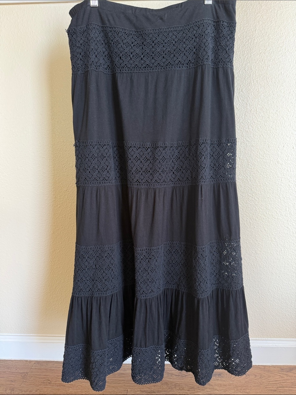 INC International Concepts Black Tiered Boho Maxi Skirt XL Crochet Lace Panel